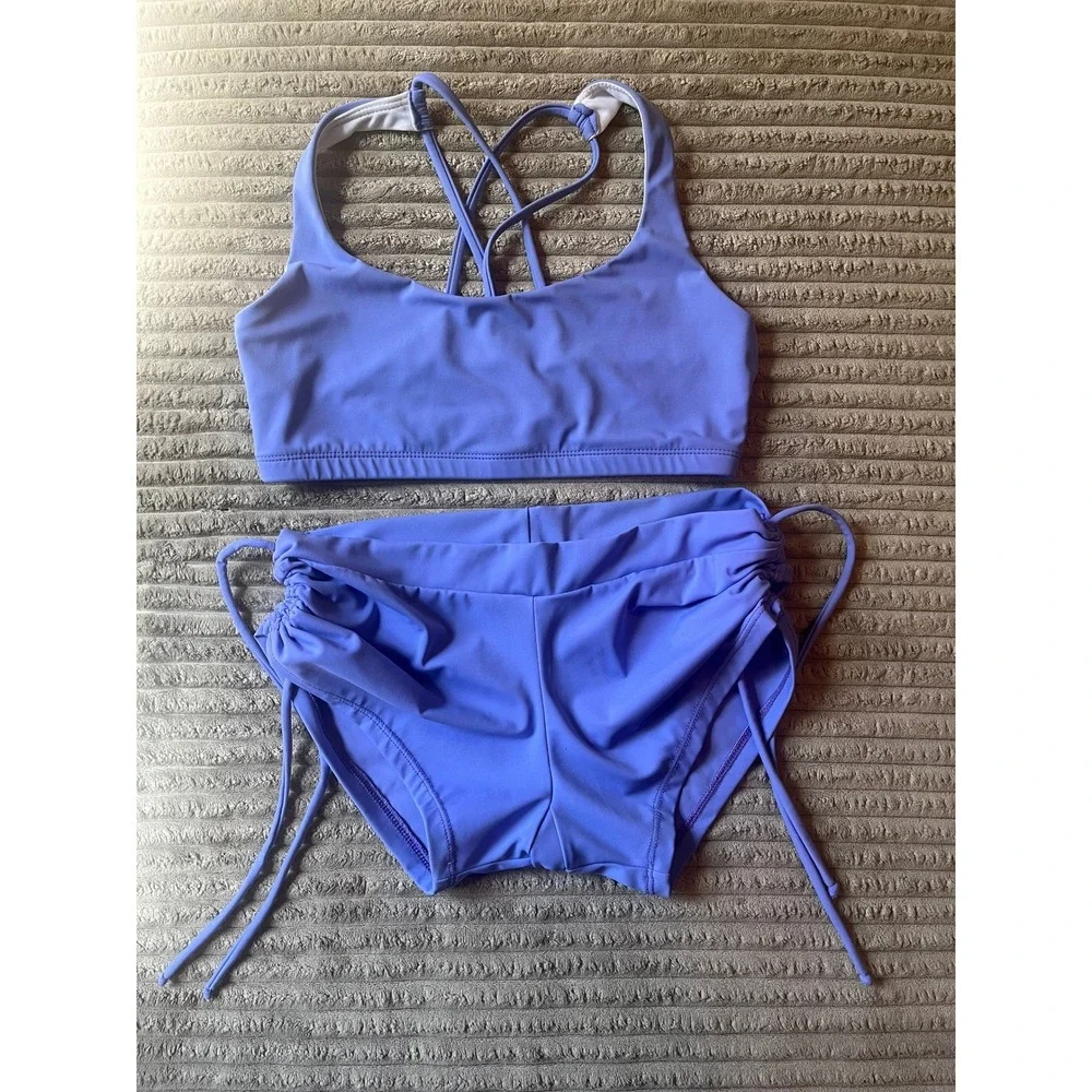 Onzie Purple Blue Strappy Sports Bra and Side Tie Shorts Activewear Set